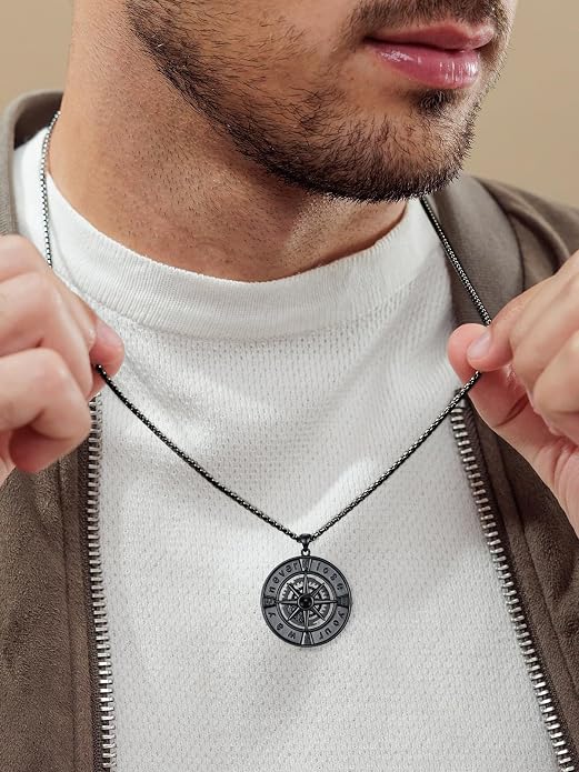 POIUY Graduation Gifts for Men, Compass Necklace, 18k White & Black Gold Plated - Compass Pendant, Graduation Jewelry, Anniversary Birthday Gift for Graduates College Students Son Brother Him