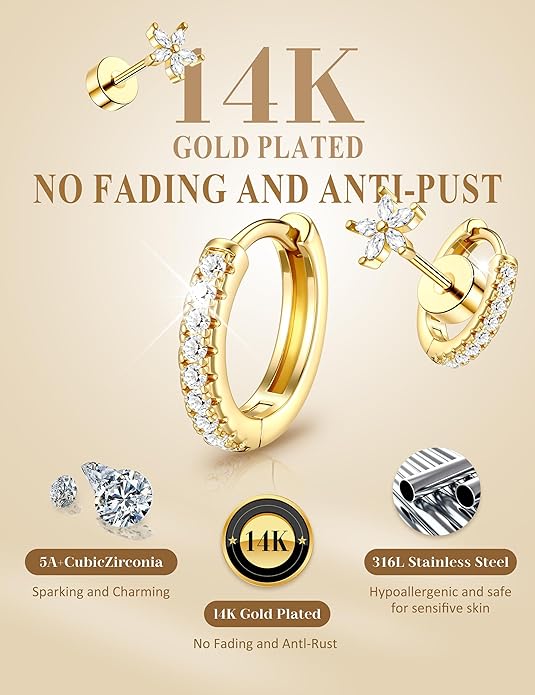 Hypoallergenic Gold Stud Earrings for Women - 14k Gold Plated Surgical Stainless Steel Flat back Earrings Set Small Huggie Hoop Flatback Earring for Sensitive Ears Screw Back Cartilage Piercing Jewelry
