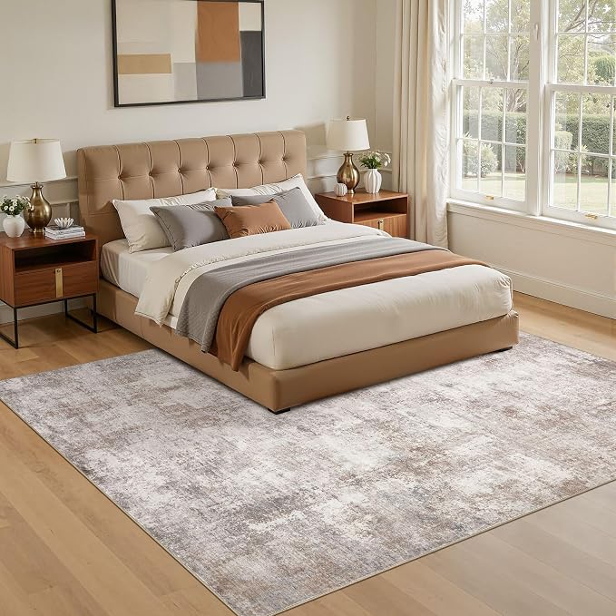 7x9 Area Rug, Non Slip Low Pile Washable Large Rug for Living Room | Soft Modern Abstract Carpet, Stain Resistant Kid & Pet Friendly, Made for Dining Room, Nursery, Home Office Indoor - Brown