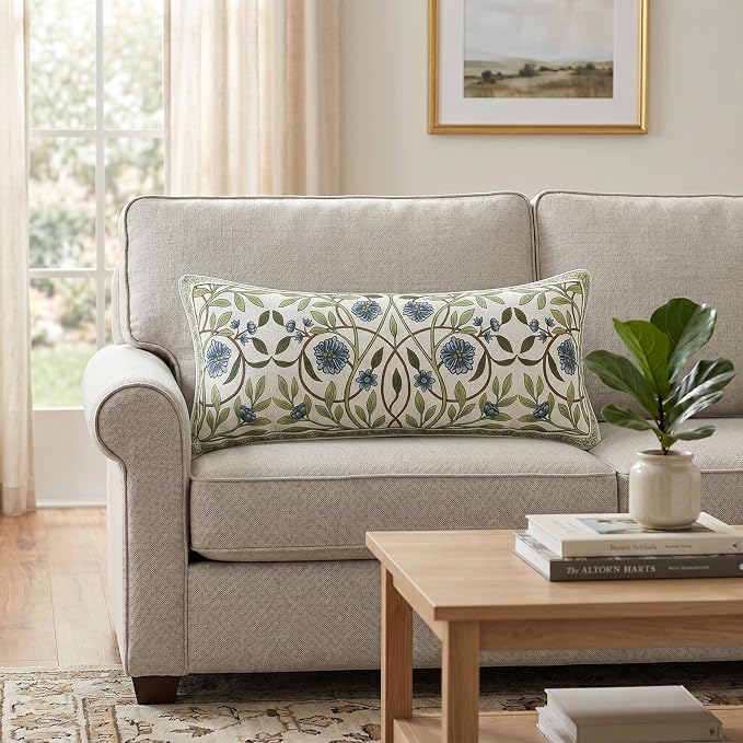 ISAENNE Designer Vintage Linen Throw Pillow Cover,28"x12"-Mosella A | French Elegant Rectangle Decor Pillow Cover,Concealed Zipper Design,Floral Pattern,Sofa,Bedroom,Living Room,Lounge Chairs