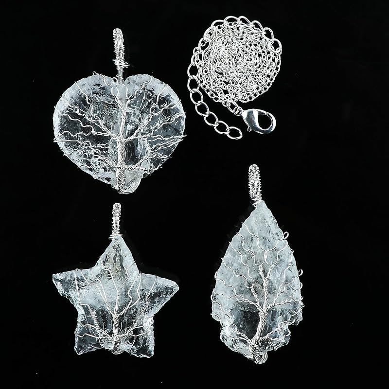 Tree of Life Craft - Raw Quartz Rough Crystals Pendant Necklace, Heart & Star & Arrow Shapes, Wire Wrapping, Gift Giving Women Jewelry with Dainty Silver Plated Chain 18 inch (3pcs)
