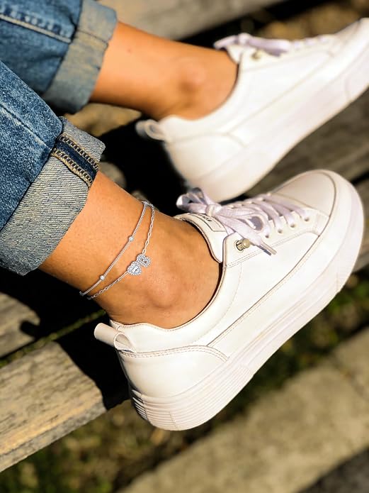 Bestyle Initial Anklet Bracelets for Women Waterproof Non Tarnish 14K Gold/White Gold Plated CZ Anklets for Women Dainty Layered Letter Heart Ankle Bracelets Adjustable Foot Chain Anklet