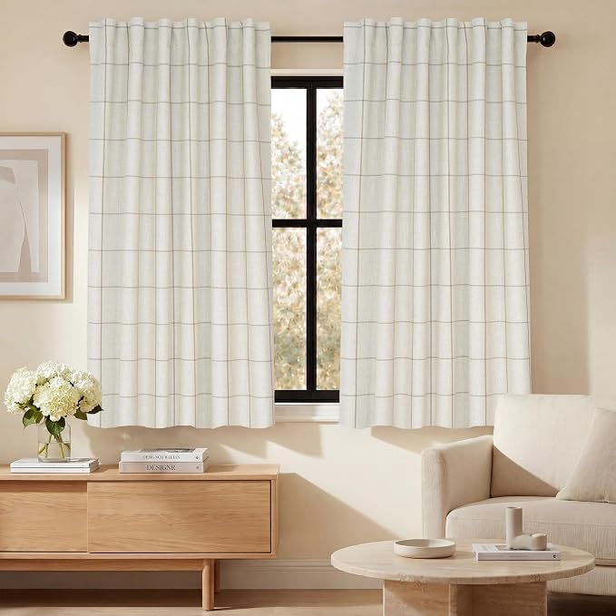 DriftAway 100% Blackout Windowpane Plaid Linen Curtains 45 Inches Taupe | Double Layer Farmhouse Drapes for Living Room Bedroom Yarn Dyed Woven Thermal Insulated Rod Pocket Back Tab 2 Panels