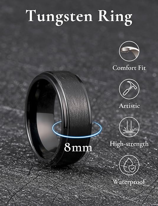 King Will Classic Tungsten Carbide Ring Brushed Two Grooved Center Hammered Design Mens Wedding Band for Men
