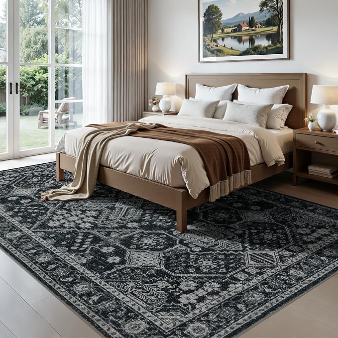 Joydeco 5x7 Area Rugs for Living Room, Non Slip Machine Washable Vintage Rug, Low Pile Thin Chenille Print Rugs for Bedroom, Dining Room, Pet & Child Friendly, Home Office, Dark Gray&Light Gray&Black