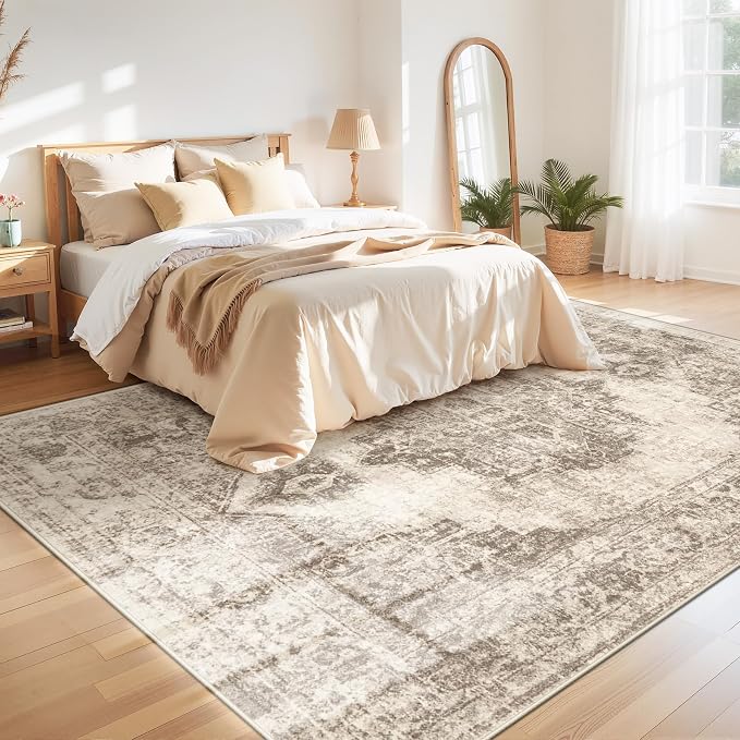 Area Rug 8x10 Vintage Rugs: Large Washable Indoor Medallion Rug Low Pile Distressed Floor Carpet Retro Accent Rugs for Living Room Bedroom Kitchen Dining Table Home Office(Taupe, 8'x10')