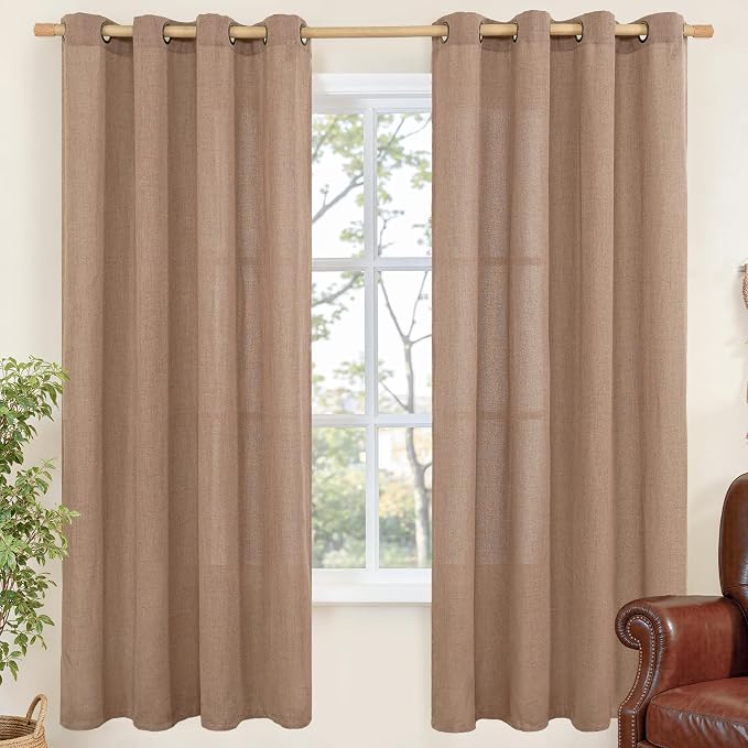YoungsTex Mocha Brown Linen Curtains 72 Inch Length for Living Room, Light Filtering Drapes with Grommet Semi Sheer Rustic for Bedroom Windows, 2 Panels, 52 X 72 Inch