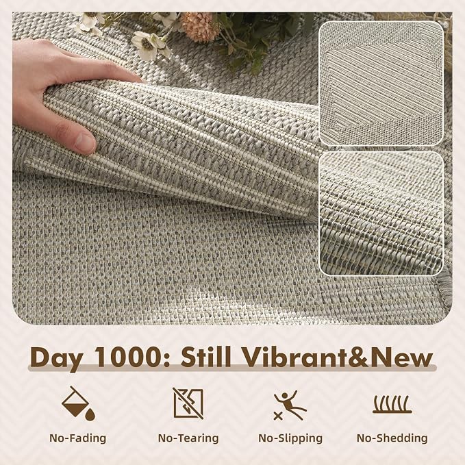 MontVoo-Outdoor Rug Carpet Patio Rug 5x7 ft Polypropylene Indoor Outdoor Rugs for Patio Deck Balcony Porch, Textured Weave, Durable for High Traffic, Fade-Resistant, Boho Geometric Silver Grey