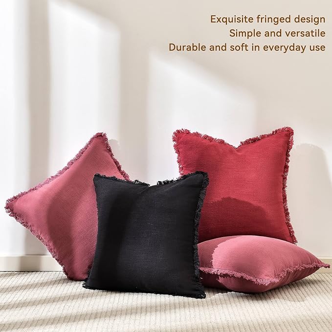 AmHoo Pack of 2 Linen Pillow Covers with Tassels Fringed Decorative Rustic Natural Throw Pillowcase Cushion for Couch Sofa Bedroom 18 x 18-Inch Jester Red