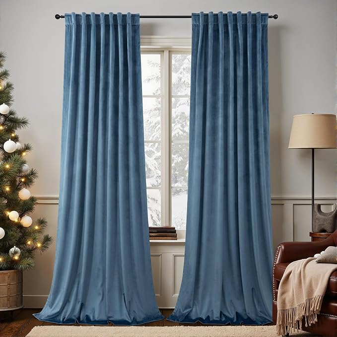 Dusty Blue Velvet Curtains 84 Inch Length 2 Panel Set for Living Room Modern Luxury Textured Thermal Darkening Long Drape Blocking Light Stone Blue Curtain for Bedroom Country Farmhouse Decor Back Tab