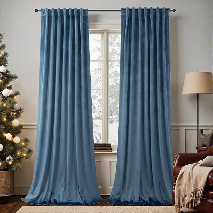 Stone Blue Velvet Curtains 90 Inch Length 2 Panels Classic Solid Contemporary Coastal Thermal Insulated Room Darkening Light Blocking Window Drape for Living Room Boys Bedroom 90 Long Back Tab Pocket