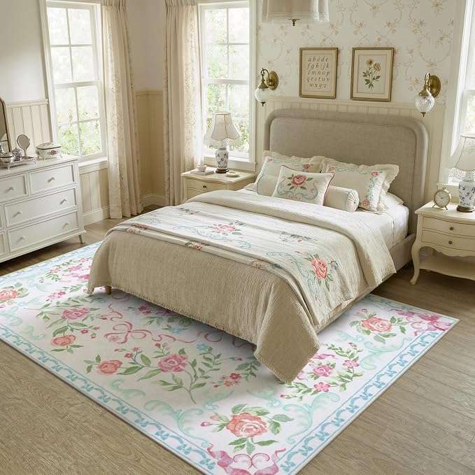 Collive Pink and Blue Floral Rugs for Girls, 5x7 Boho Bow Washable Area Rug for Living Room, Cute Ultra-Thin Non Slip Indoor Decor Carpet for Nursery Kids Room Bedroom Playroom