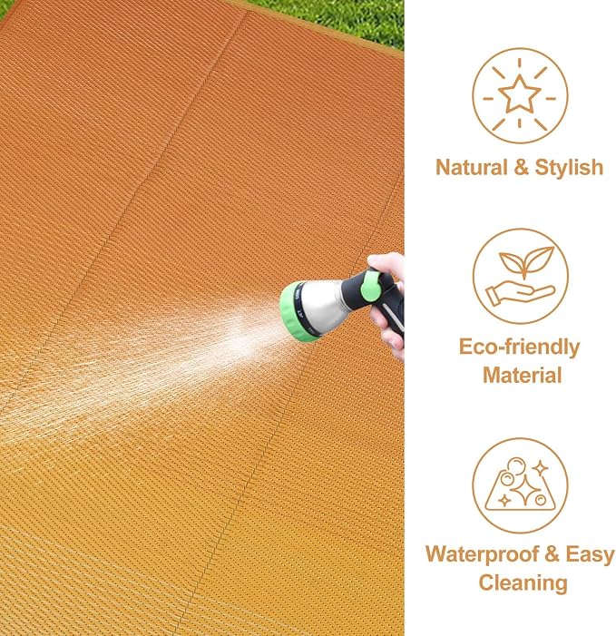 Lahome Outdoor Rug 9x12 Patio Waterproof, Reversible Plastic Straw Camping Rv Rugs for Outside Under Awning, Portable Lightweight Carpet for Porch Backyard, Orange Yellow 9'x12'