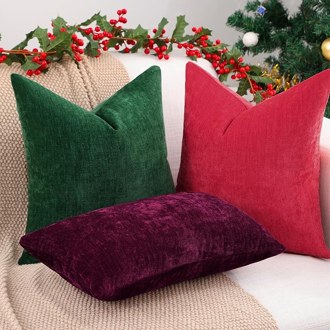 decorUhome Soft Chenille Christmas Red Throw Pillow Covers 26X26 Set of 2 | Decorative Fall Couch Pillow Covers Solid Dyed Accent Modern Euro Sham Farmhouse Neutral Square Pillow Cases for Sofa