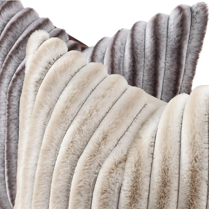 decorUhome Fall Faux Fur Throw Pillow Covers 16x16 Set of 2 Brown White | Decorative Soft Cozy Striped Plush Modern Farmhouse Boho Couch Pillow Cases Velvet Back for Sofa Bed Living Room Home Decor