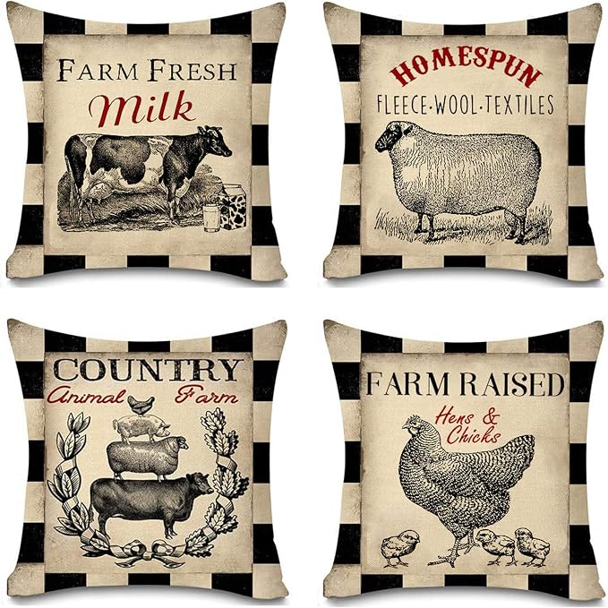Rustic Farmhouse Pillow Covers Farm Animal Throw Pillow Case Buffalo Plaid Sheep Chicken Pig Cow Country Cushion Cover for Couch Sofa Cotton Linen 18x18 Set of 4