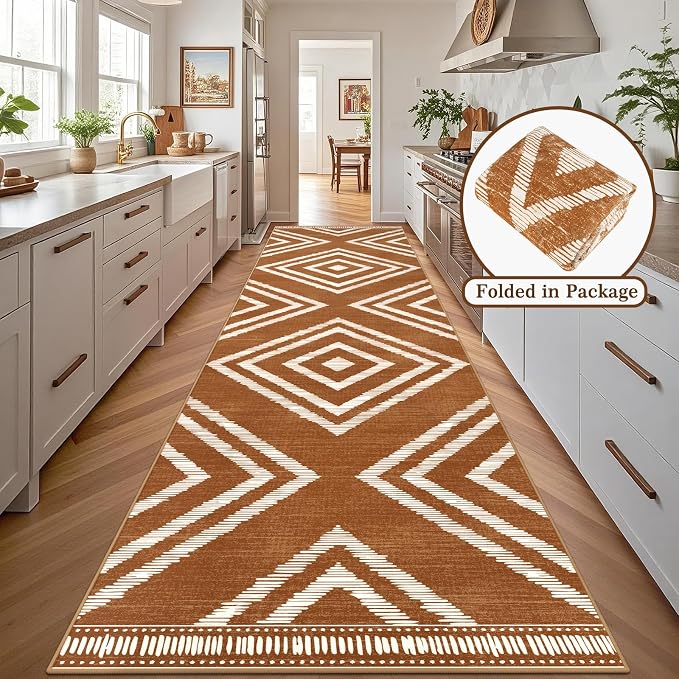 3x16ft Boho Hallway Runner Rugs Washable Non Slip, Long Brown Entryway Rug Runners Non Shedding, Geometric Kitchen Floor Carpets for Doorway Entrance Farmhouse Living Room Home Decor