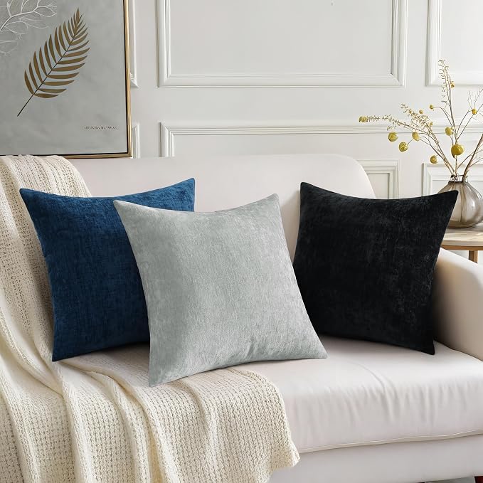 decorUhome Soft Chenille Grey Throw Pillow Covers 24X24 Set of 2 | Decorative Fall Couch Pillow Covers Solid Dyed Accent Modern Euro Sham Farmhouse Neutral Square Pillow Cases for Sofa