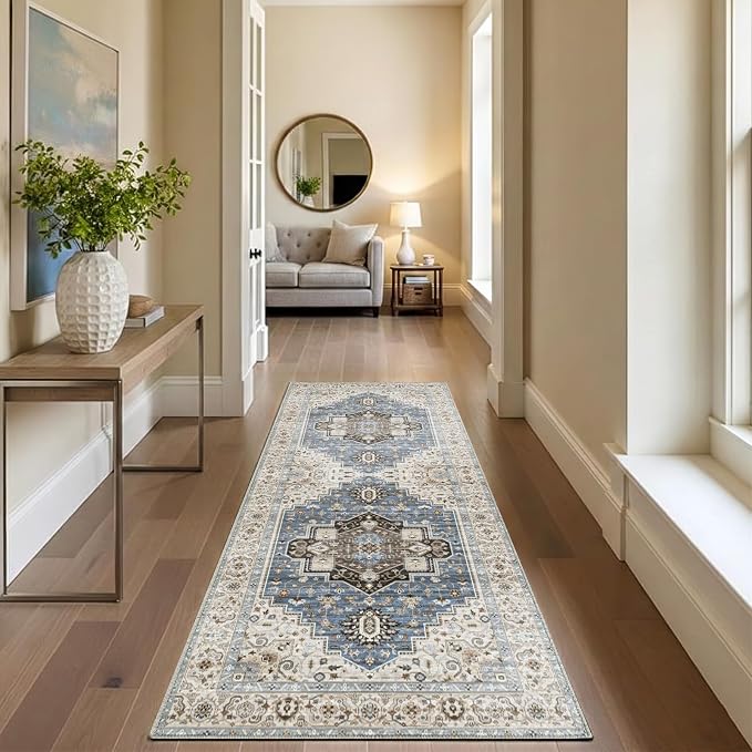 2x6 Runner Rug for Entryway Hallway-Vintage Farmhouse Boho Floral Neutral Washable Stain Resistant Indoor Rugs for Home Decor(Floral Blue)