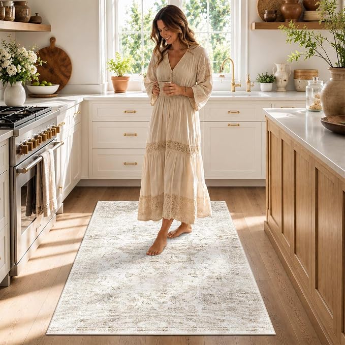 Rugxara 3x5 Washable Entryway Rug, Non Slip Boho Runner Rugs for Hallway, Entrance, Kitchen, Bathroom, Laundry Room, Soft Entryway Carpet, Throw Low Pile Retro Imitation Wool Carpet, Beige