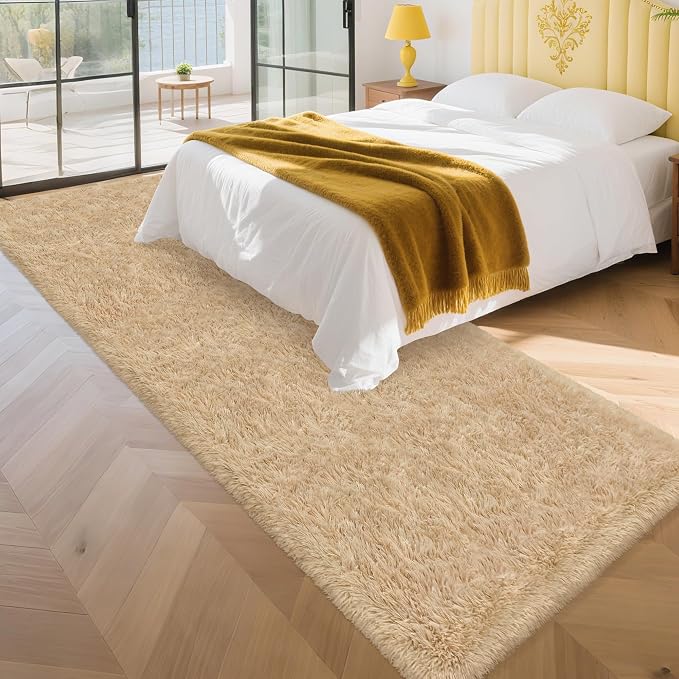 3x10 ft Beige Runner Rugs for Bedroom Living Room, Soft Plush Fluffy Throw Rug Shag Runner Carpet for Hallways Non Slip, Washable Light Beige Rug Carpet for Nursery Kids Girls Room Home Decor
