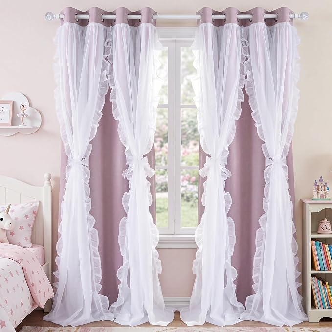 PONY DANCE 100% Blackout Curtains for Girl's Bedroom, Double Layer Grommet Curtain 84 inch Long with Sheer Overlay for Living Room, Nursery Kids Toddler Room Decor, Dusty Rose, 52" W x 84" L, 2 Panels