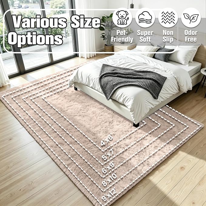 5x8 Area Rug for Living Room, Ultra Soft Fluffy Beige Rugs for Bedroom, Non Slip Large Shag Carpet, Fuzzy Plush Nursery Rug, Thick Washable Indoor Floor Carpets for Kids Office Dorm Home Decor
