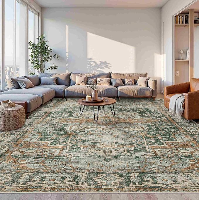 Rugxara 10x14 Area Rugs for Living Room Large Washable Rug, Green/Brown | Non Slip, Rug for Bedroom Dining Room Office Farmhouse, Stain Resistant, Soft, Low Pile, Vintage Boho Carpet, Home Decor