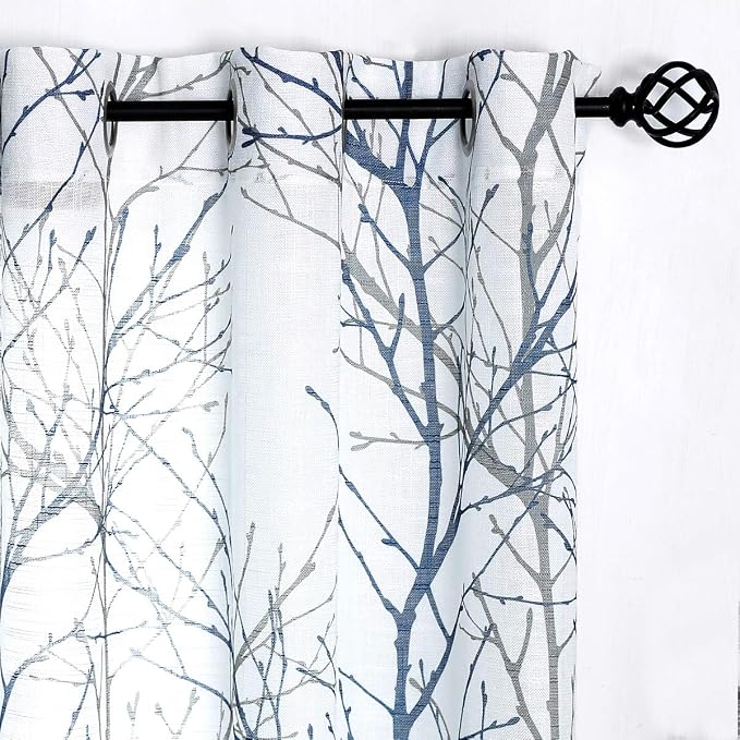FMFUNCTEX Blue White Curtains 50" X 45" for Kitchen Living Room Tree Branch Print Wrinkle- Free Small Linen Texture Semi Sheer Window Panels for Bedroom 2 Panels, Grommet Top | Short Sheer Branch Patterned Drapes, Light Filtering Grommet Panels for Kit...