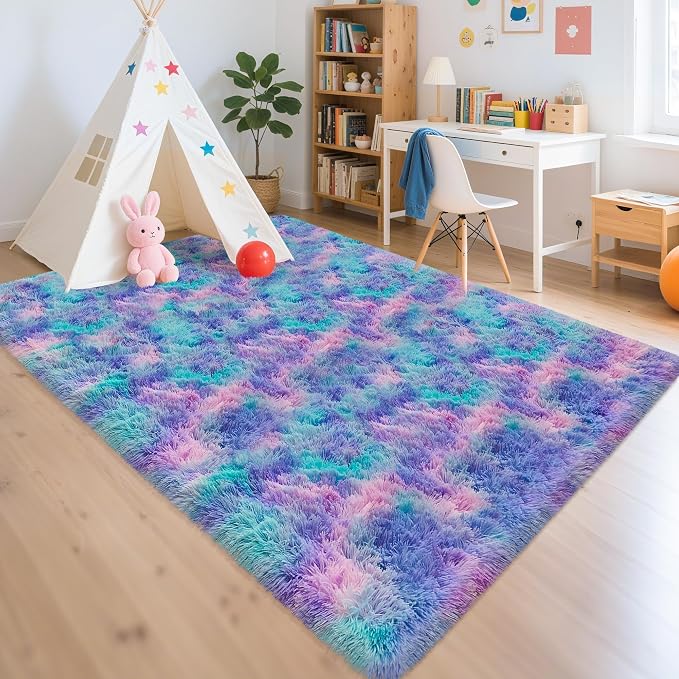 Purple Rainbow Rug 5x8ft Fluffy Plush Area Rugs for Girls Bedroom, Shaggy Rugs for Kids Playroom, Kawaii Princess Fuzzy Rugs for Nursery Baby Toddler, Cute Colorful Room Decor for Girls Room