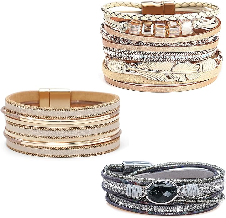 Wowanoo 3Pack Leather Cuff Bracelet Set Multilayer Wrap Bracelet Crystal Feather Tree Bracelet Magnetic Clasp Bracelet for Women
