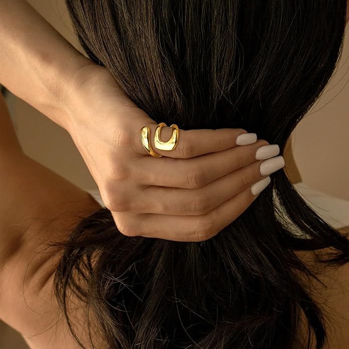 Gelbesty Waterproof Gold Statement Rings for Women, 14K Gold Plated Chunky Open Stackable Rings Non Tarnish Fashion Adjustable Stainless Steel Pinky Knuckle Signet Vintage Ring Jewelry Size 5-11