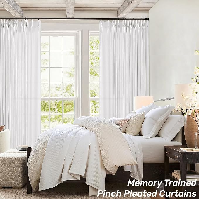 Extra Wide Pinch Pleat 100 x 84 Inch Linen Curtains White Semi Sheer | Light Filtering, Pleated Drape, for Living Room Divider Patio Sliding Door Window Curtains, Floor to Ceiling Curtain, 1 Panel