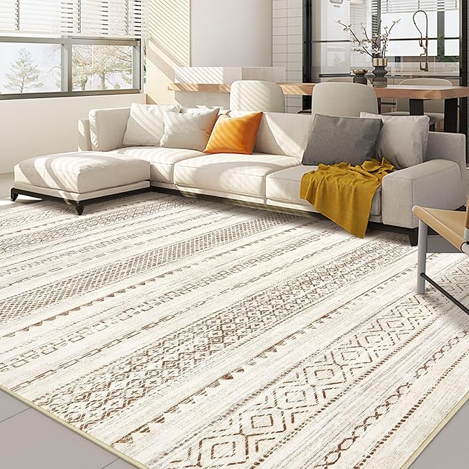 Nakagishi Area Rugs 8x10 Living Room: Washable Boho Large Neutral Soft Farmhouse Rug Stain Resistant Modern Geometric Non-Slip Indoor Floor Carpet for Bedroom Nursery Kids Playroom Office- Brown