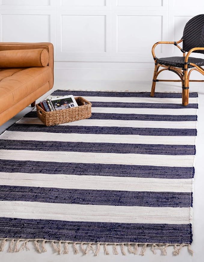 Unique Loom Chindi Rag Collection Area Rug - Striped (6' 1" x 9' Rectangle, Navy Blue/ Ivory)