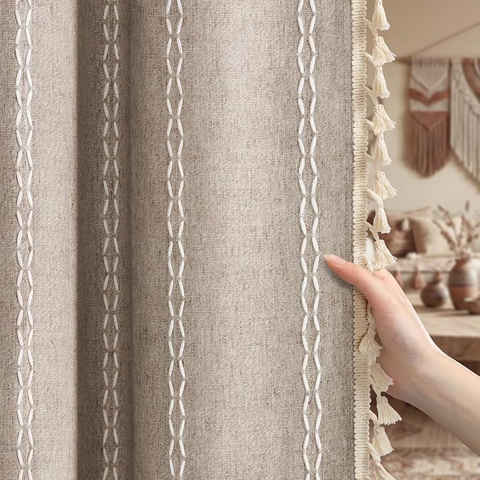 Khaki Brown Boho Blackout Curtains 72 Inches Long Linen Blend 2 Panels with Tassels and Cotton Embroidery, Farmhouse Vintage Rustic Rod Pocket Drapes for Living Room or Bedroom