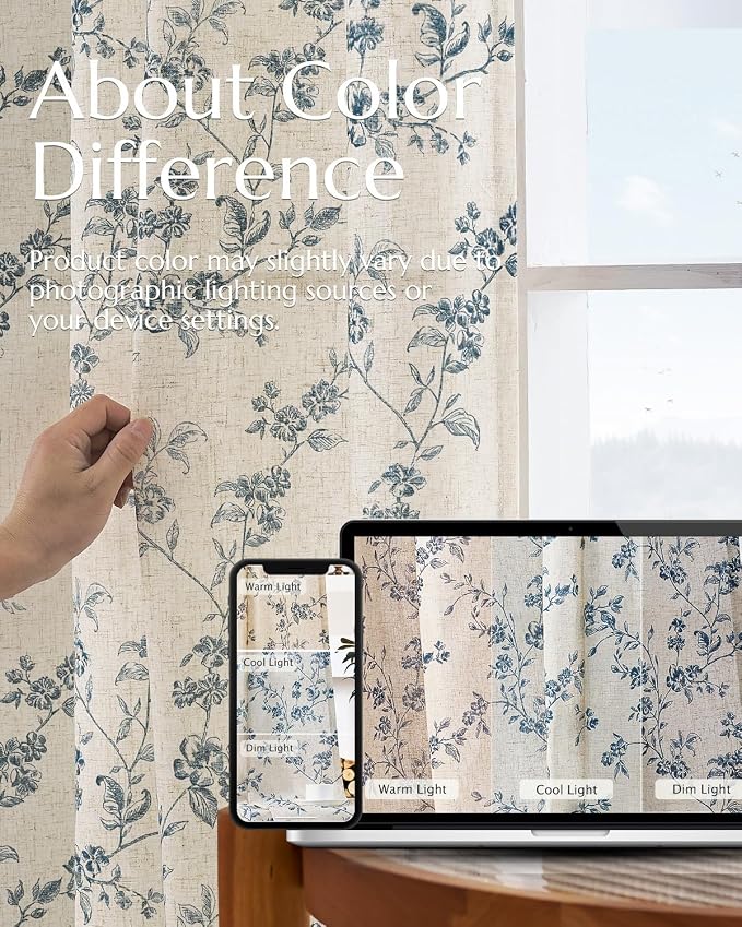 jinchan Blue Floral Linen Curtains 90 Inch French Country Back Tab 2 Panels | Flower patterned drapes, farmhouse, printed, light filtering, bedroom, living room, kitchen, window treatment, rod pocket