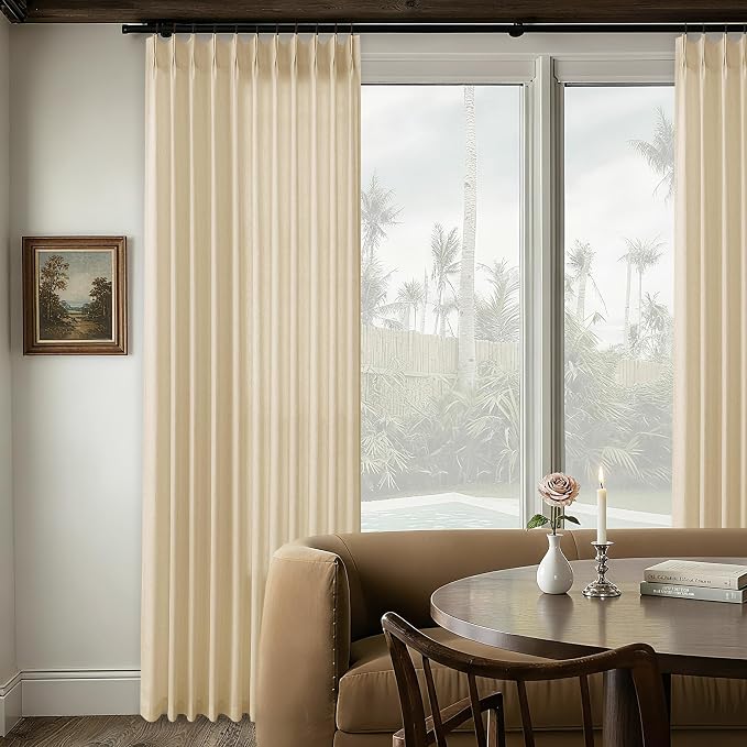 Beige Tan Linen 102 Inch Curtains 72 Inch Wide Privacy Pinch Pleated | Extra Wide, Sheer Curtains, for Patio Balcony Living Room Divider Drapes, Light Filtering, Farmhouse, Back Tab Drape, 72x102