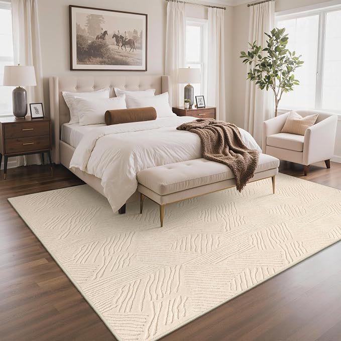 GENIMO Soft Washable Area Rugs 8x10, 3D Modern Stripe Textured Living Room Rug, High-Low Pile Non Slip Fuzzy Carpet, Non-Shedding Stain Resistant Thin Beige Carpet for Bedroom, Dining Room, Nursery