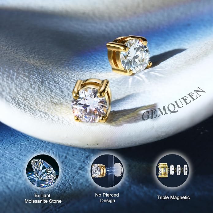GEMQUEEN Moissanite Magnetic Earrings for Men Women : 18K White Gold Plated Hypoallergenic Stainless Steel Non Piercing Clip on Fake Earrings Studs Dainty Moissanite Earring Jewelry D Color VVS1