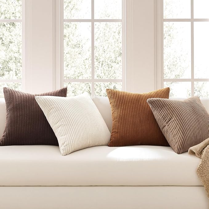Topfinel Gold Brown Gradient Fall Pillow Case Rustic Throw Pillow Covers 22x22 Inch Set of 4 Soft Farmhouse Corduroy Striped Decorative Cushion Cover for Sofa Couch Living Room Bedroom