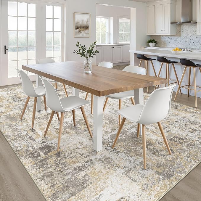 10x14 Area Rugs Living Room: Washable Large Neutral Gray Gold Rug Abstract Soft Modern Stain Resistant Indoor Floor Non-Slip Carpet for Bedroom Nursery Kids Office Playroom Dining Room Under Table