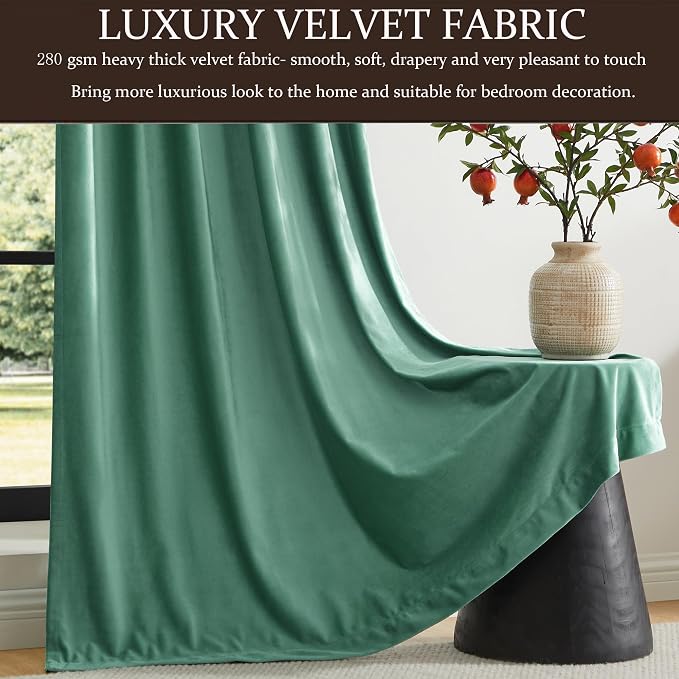 PRIMROSE 100% Full Blackout Velvet Curtains 84 inch Long for Living Room,Set of 2 Liner Turquoise Aqua Rod Pocket Back Tab Window Treatment Room Darkening Heavy Decorative Curtains Drapes for Bedroom