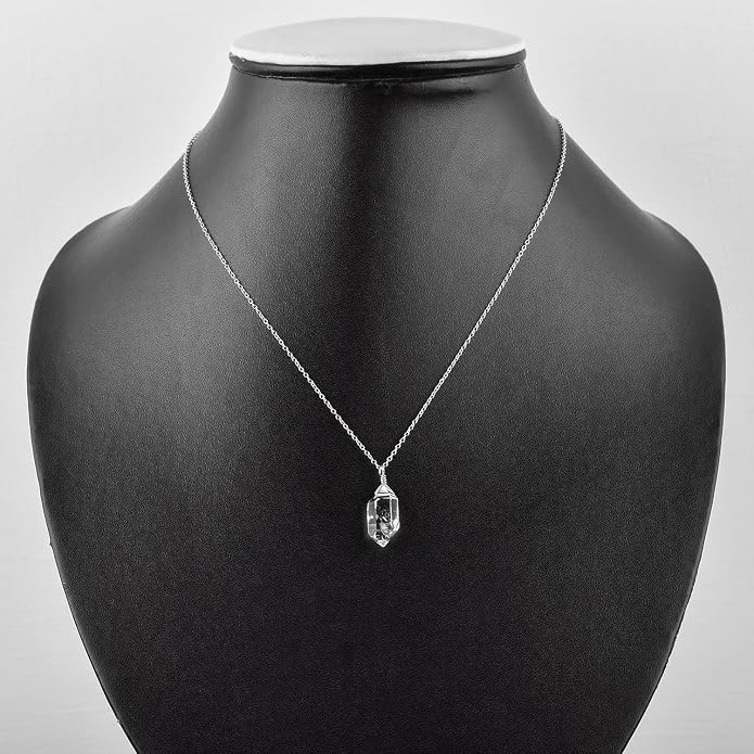AAA Rhodium Plated 925 Sterling Silver Raw Herkimer Diamond Quartz Pendant Necklace, Natural Gemstones Solitaire, Birthstone, Handmade Dainty Jewelry 18inch, Valentine Gift
