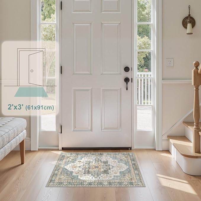 Tortania Area Rug 2x3 Doormat - Washable Vintage Oriental Farmhouse Soft Thin Indoor Carpet for Living Room Bedroom Hallway Entryway Kitchen - Muted Teal