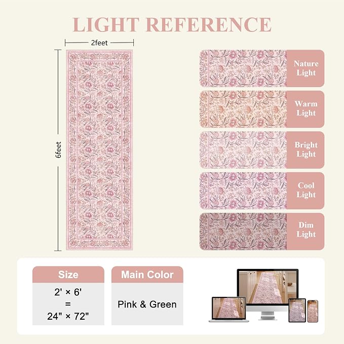 DUKINO 2x6 Runner Rug, Washable Vintage Floral Kitchen Rug, Pink | Non Slip, Low Pile, Non-Shedding, Stain Resistant Soft Carpet Runner for Hallway Bathroom Entryway Bedroom Laundry Farmhouse
