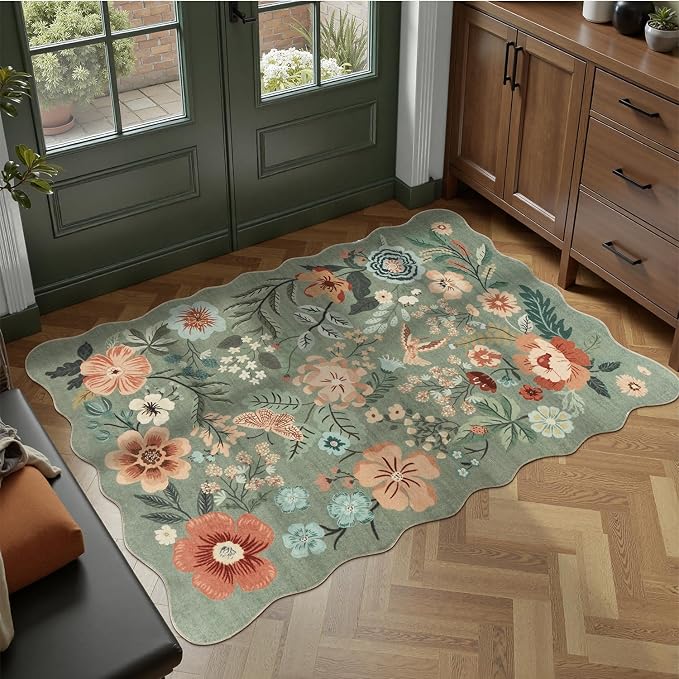 DCX Vintage Floral Rug 3x5, Washable Sage Green Rug for Living Room, Kid & Pet Friendly with Rubber Back Non Slip, Soft Low Pile Carpet, Stain Resistant Rug for Kitchen, Bedroom, Laundry, Bathroom