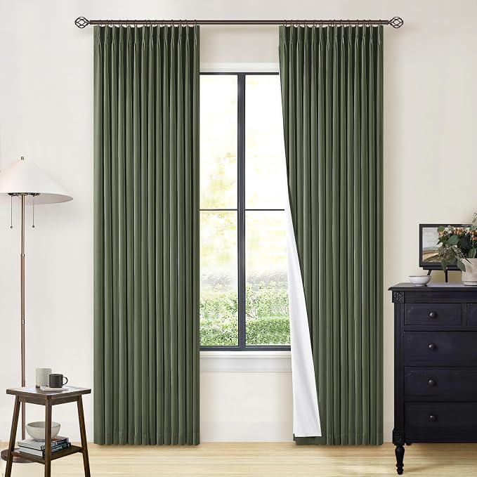 TWODRAPES Olive Pinch Pleated 100% Blackout Linen 80 Inch Window Curtains | Room Darkening Thermal Insulated, for Living Room Bedroom, Back Tab Pinch Pleat Drapes with Hooks Rings, W40xL80 2 Panels