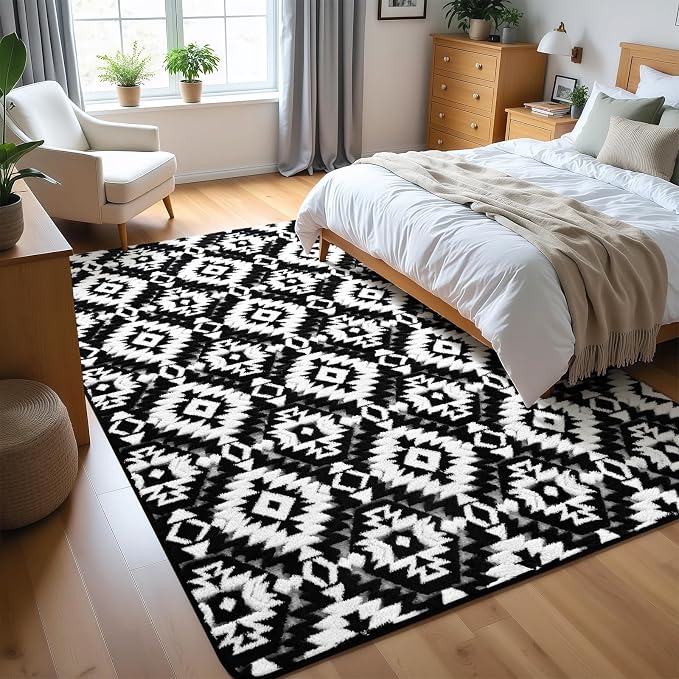 Macgace Ultra Soft Area Rug for Living Room, 6x9 Black and White Shag Rugs | Washable Non-Slip Backing Medium Pile Modren Geometric Fuzzy Carpet for Kids Room, Girls Bedroom, Classroom, Dorm