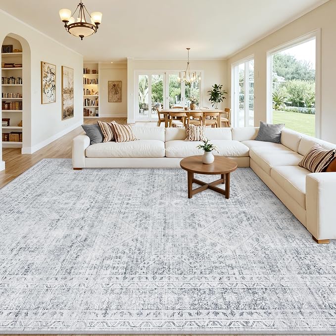 10x12 Area Rug for Living Room: Vintage Boho Neutral Washable Rug Indoor Soft Large Area Rug Carpet for Bedroom Nursery Farmhouse Dining Room Office Floor Non-Slip Low Pile Under Table Rug Gray